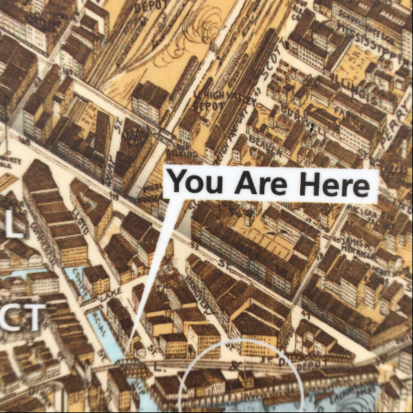 Detail of a street map with text "You Are Here"